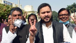 Grand Alliance candidate and RJD MLA Awadh Bihari Chaudhary and RJD leader Tejashwi Yadav address media outside the Bihar assembly, in Patna on November 24.(ANI) Grand Alliance candidate and RJD MLA Awadh Bihari Chaudhary and RJD leader Tejashwi Yadav address media outside the Bihar assembly, in Patna on November 24.(ANI)