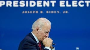 US President-elect Joe Biden listens as he holds a videoconference meeting with members of the US conference of mayors at his transition headquarters in Wilmington, Delaware, US.(Reuters) US President-elect Joe Biden listens as he holds a videoconference meeting with members of the US conference of mayors at his transition headquarters in Wilmington, Delaware, US.(Reuters)