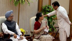 In this file photo dated July 14, 2012, UPA Chairperson Sonia Gandhi talks with Ahmed Patel as Prime Minister Manmohan Singh looks on during the announcement of the name of Hamid Ansari as UPA's candidate for Vice President during a meeting in New Delhi.(PTI) In this file photo dated July 14, 2012, UPA Chairperson Sonia Gandhi talks with Ahmed Patel as Prime Minister Manmohan Singh looks on during the announcement of the name of Hamid Ansari as UPA's candidate for Vice President during a meeting in New Delhi.(PTI)
