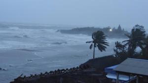 Strong winds at a coastal area before the landfall of Cyclone Nivar, in Mamallapuram on Wednesday.(PTI Photo) Strong winds at a coastal area before the landfall of Cyclone Nivar, in Mamallapuram on Wednesday.(PTI Photo)