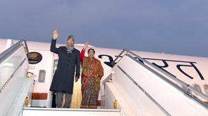 President Ram Nath Kovind along with first lady Savita Kovind boards the Air India One- B777 aircraft for the inaugural flight to Chennai on Tuesday.(ANI) President Ram Nath Kovind along with first lady Savita Kovind boards the Air India One- B777 aircraft for the inaugural flight to Chennai on Tuesday.(ANI)