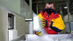 A DHL worker loads dry ice into A DHL worker loads dry ice into