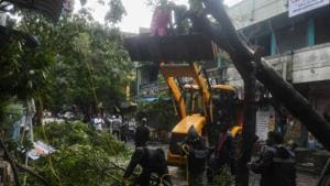 In towns of Andhra Pradesh, heavy gales accompanied by intense rain uprooted trees and electric poles blocking traffic at several places, resulting in disruption of power supply. (Image used for representation).(AFP PHOTO.) In towns of Andhra Pradesh, heavy gales accompanied by intense rain uprooted trees and electric poles blocking traffic at several places, resulting in disruption of power supply. (Image used for representation).(AFP PHOTO.)