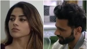 Bigg Boss 14 captaincy task: Nikki Tamboli and Rahul Vaidya argue their case for top job. Bigg Boss 14 captaincy task: Nikki Tamboli and Rahul Vaidya argue their case for top job.