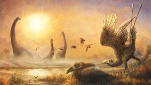 An illustration depicting the bird Falcatakely forsterae amidst non-avian dinosaurs.(REUTERS) An illustration depicting the bird Falcatakely forsterae amidst non-avian dinosaurs.(REUTERS)