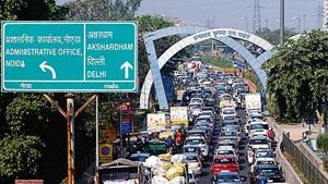 A long snarl at Sector 14A in Noida on Saturday. A long snarl at Sector 14A in Noida on Saturday.