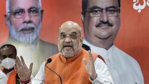 Union Home Minister Amit Shah addresses media, ahead of Greater Hyderabad Municipal Corporation (GHMC) elections, in Hyderabad.(PTI) Union Home Minister Amit Shah addresses media, ahead of Greater Hyderabad Municipal Corporation (GHMC) elections, in Hyderabad.(PTI)
