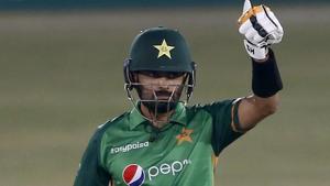 Pakistani batsman Babar Azam celebrates after complete his fifty during the 2nd one-day international cricket match against Zimbabwe at the Pindi Cricket Stadium, in Rawalpindi, Pakistan.(AP) Pakistani batsman Babar Azam celebrates after complete his fifty during the 2nd one-day international cricket match against Zimbabwe at the Pindi Cricket Stadium, in Rawalpindi, Pakistan.(AP)