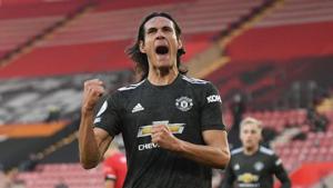 Manchester United's Edinson Cavani celebrates scoring their second goal.(Pool via REUTERS) Manchester United's Edinson Cavani celebrates scoring their second goal.(Pool via REUTERS)