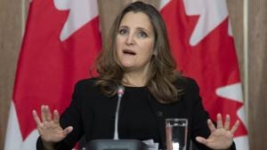 Chrystia Freeland, Canada's deputy prime minister and minister of finance, speaks during a news conference in Ottawa, Ontario on November 30, 2020.(Bloomberg) Chrystia Freeland, Canada's deputy prime minister and minister of finance, speaks during a news conference in Ottawa, Ontario on November 30, 2020.(Bloomberg)