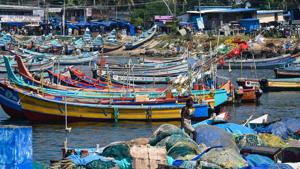 Fishing boats anchored at Vizhinjam beach in Thiruvananthapuram after the India Meteorological Department (IMD) issued a cyclone alert for coastal areas of Tamil Nadu and Kerala on Tuesday.(PTI) Fishing boats anchored at Vizhinjam beach in Thiruvananthapuram after the India Meteorological Department (IMD) issued a cyclone alert for coastal areas of Tamil Nadu and Kerala on Tuesday.(PTI)
