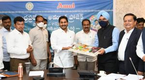 Andhra Pradesh Chief Minister YS Jagan Mohan Reddy launching the AP-Amul project on Wednesday.(HT PHOTO)