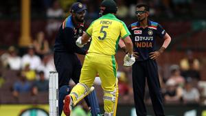 KL Rahul of India and Aaron Finch of Australia joke about after Finch was hit by a full toss.(Getty Images) KL Rahul of India and Aaron Finch of Australia joke about after Finch was hit by a full toss.(Getty Images)