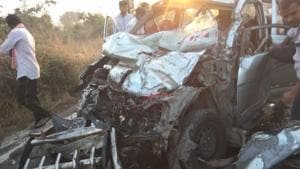 The mangled car at the accident site on the Hyderabad-Bijapur national highway near Chevella in Telangana’s Ranga Reddy district. (HT Photo) The mangled car at the accident site on the Hyderabad-Bijapur national highway near Chevella in Telangana’s Ranga Reddy district. (HT Photo)