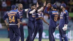 Canberra: India's Jasprit Bumrah, third left, is congratulated by teammates after bowling Australia's Glenn Maxwell during their one day international cricket match at Manuka Oval in Canberra, Australia.(AP) Canberra: India's Jasprit Bumrah, third left, is congratulated by teammates after bowling Australia's Glenn Maxwell during their one day international cricket match at Manuka Oval in Canberra, Australia.(AP)