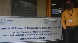 Launch of Phase III regulatory trial of the Covaxin coronavirus vaccine, at NICED Beleghata in Kolkata.(HT Photo/Samir Jana) Launch of Phase III regulatory trial of the Covaxin coronavirus vaccine, at NICED Beleghata in Kolkata.(HT Photo/Samir Jana)