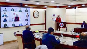 Union home minister Amit Shah addresses the inaugural session of All India DGP/IGP Conference-2020 via video conferencing, in New Delhi on December 2.(PTI) Union home minister Amit Shah addresses the inaugural session of All India DGP/IGP Conference-2020 via video conferencing, in New Delhi on December 2.(PTI)