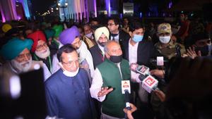 Union Minister for Agriculture Narendra Singh Tomar speaks to media after a meeting with farmers union leaders over the protest against agriculture reform laws, at Vigyan Bhawan in New Delhi.(Amal KS/ Hindustan Times) Union Minister for Agriculture Narendra Singh Tomar speaks to media after a meeting with farmers union leaders over the protest against agriculture reform laws, at Vigyan Bhawan in New Delhi.(Amal KS/ Hindustan Times)