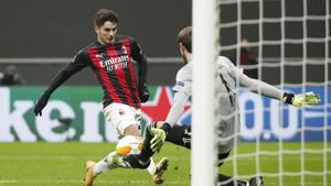 AC Milan's Brahim Diaz scores their fourth goal.(REUTERS) AC Milan's Brahim Diaz scores their fourth goal.(REUTERS)