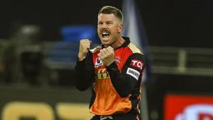 David Warner of Sunrisers Hyderabad (SRH) celebrates the wicket of Shikhar Dhawan of Delhi Capitals (DC) match between the Sunrisers Hyderabad and the Delhi Capitals, at the Dubai International Cricket Stadium in Dubai.(PTI) David Warner of Sunrisers Hyderabad (SRH) celebrates the wicket of Shikhar Dhawan of Delhi Capitals (DC) match between the Sunrisers Hyderabad and the Delhi Capitals, at the Dubai International Cricket Stadium in Dubai.(PTI)