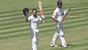 New Zealand's Kane Williamson celebrates his double century during play on day two of the first cricket test between the West Indies and New Zealand in Hamilton, New Zealand.(AP) New Zealand's Kane Williamson celebrates his double century during play on day two of the first cricket test between the West Indies and New Zealand in Hamilton, New Zealand.(AP)