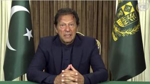 In this image made from UNTV video, Pakistan PM Imran Khan speaks in a pre-recorded message which was played during the UN General Assembly's special session to discuss the response to Covid-19 .(AP) In this image made from UNTV video, Pakistan PM Imran Khan speaks in a pre-recorded message which was played during the UN General Assembly's special session to discuss the response to Covid-19 .(AP)