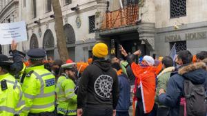 Protesters demonstrate outside the Indian high commission in London, UK.(HT PHOTO) Protesters demonstrate outside the Indian high commission in London, UK.(HT PHOTO)