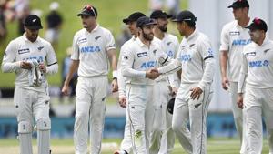 New Zealand's Ross Taylor, third right, shales hands with Kane Williamson as they walk off after their innings and 134 run win over the West Indies on day four of their cricket test in Hamilton, New Zealand.(AP) New Zealand's Ross Taylor, third right, shales hands with Kane Williamson as they walk off after their innings and 134 run win over the West Indies on day four of their cricket test in Hamilton, New Zealand.(AP)