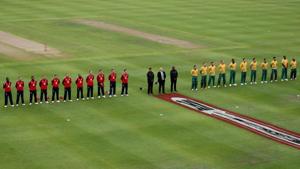 South Africa and England players line up before the match.(REUTERS) South Africa and England players line up before the match.(REUTERS)