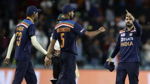 India's Virat Kohli, right, celebrates with teammates after their T20 international cricket match against Australia at Manuka Oval.(AP) India's Virat Kohli, right, celebrates with teammates after their T20 international cricket match against Australia at Manuka Oval.(AP)
