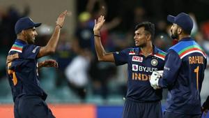 Photo of T Natarajan celebrating a wicket in the 2nd T20I against Australia in Sydney(Twitter) Photo of T Natarajan celebrating a wicket in the 2nd T20I against Australia in Sydney(Twitter)