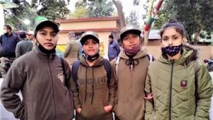 Female nature guides of Corbett Tiger Reserve after a training session.(HT Photo) Female nature guides of Corbett Tiger Reserve after a training session.(HT Photo)