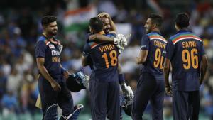 India's captain Virat Kohli, third right, hugs teammate Hardik Pandya to celebrate their win in the second T20 international cricket match between Australia and India at the Sydney Cricket Ground in Sydney, Australia, Sunday, Dec. 6, 2020)(AP) India's captain Virat Kohli, third right, hugs teammate Hardik Pandya to celebrate their win in the second T20 international cricket match between Australia and India at the Sydney Cricket Ground in Sydney, Australia, Sunday, Dec. 6, 2020)(AP)