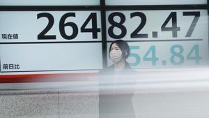A woman wearing a protective face mask to help curb the spread of the coronavirus stands near an electronic stock board showing Japan's Nikkei 225 index at a securities firm as a car passing by.(AP File Photo) A woman wearing a protective face mask to help curb the spread of the coronavirus stands near an electronic stock board showing Japan's Nikkei 225 index at a securities firm as a car passing by.(AP File Photo)