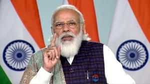 Prime Minister Narendra Modi speaks after laying the foundation of the Agra metro rail project through video conferencing, in New Delhi on Monday.(ANI Photo) Prime Minister Narendra Modi speaks after laying the foundation of the Agra metro rail project through video conferencing, in New Delhi on Monday.(ANI Photo)