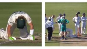 Will Pucovski falls to his kneess after getting struck on the head(Cricket Australia) Will Pucovski falls to his kneess after getting struck on the head(Cricket Australia)