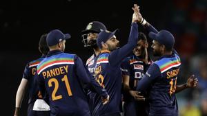 India's Sanju Samson, right, celebrates with teammates after taking a catch to dismiss Australia's Steve Smith during their T20 international cricket match at Manuka Oval, in Canberra, Australia.(AP) India's Sanju Samson, right, celebrates with teammates after taking a catch to dismiss Australia's Steve Smith during their T20 international cricket match at Manuka Oval, in Canberra, Australia.(AP)