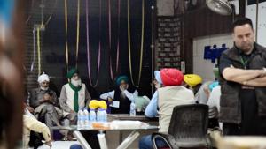 Farmer leaders during a meeting at the Singhu border new Delhi on Wednesday.(ANI Photo) Farmer leaders during a meeting at the Singhu border new Delhi on Wednesday.(ANI Photo)