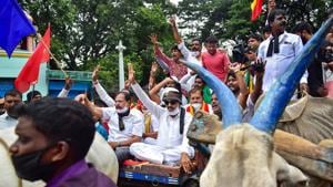 Farmers backed by various unions on Wednesday took out a protest march to the Vidhana Soudha here, where the winter session of the Karnataka Legislature is underway(PTI) Farmers backed by various unions on Wednesday took out a protest march to the Vidhana Soudha here, where the winter session of the Karnataka Legislature is underway(PTI)