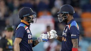 India's K.L. Rahul and India's Virat Kohli take a break between overs while batting against Australia during their T20 international cricket match at Manuka Oval, in Canberra, Australia, Friday, Dec 4, 2020.(AP) India's K.L. Rahul and India's Virat Kohli take a break between overs while batting against Australia during their T20 international cricket match at Manuka Oval, in Canberra, Australia, Friday, Dec 4, 2020.(AP)