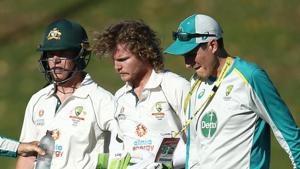 Photo of Australian batsman Will Pucovski after getting hit on the helmet during practice match against India A(Twitter) Photo of Australian batsman Will Pucovski after getting hit on the helmet during practice match against India A(Twitter)