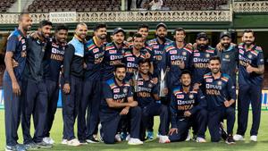 A victorious Indian team after winning the T20 series.(Getty Images)
