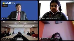 The virtual event was graced by, among many dignitaries, Amity Education Group founder president Dr. Ashok K Chauhan (top left) and Delhi deputy CM Manish Sisodia (above). Also seen is Avni Jain, a Class 3 student of AIS, Saket The virtual event was graced by, among many dignitaries, Amity Education Group founder president Dr. Ashok K Chauhan (top left) and Delhi deputy CM Manish Sisodia (above). Also seen is Avni Jain, a Class 3 student of AIS, Saket
