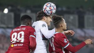 FC Midtjyllands Erik Sviatchenko, center, in action with Liverpool's Billy Koumetio, left, and Rhys Williams during their Champions League Group D soccer match at MCH Arena in Herning, Denmark.(AP) FC Midtjyllands Erik Sviatchenko, center, in action with Liverpool's Billy Koumetio, left, and Rhys Williams during their Champions League Group D soccer match at MCH Arena in Herning, Denmark.(AP)