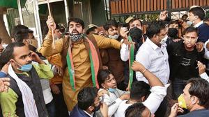 BJP workers stage a protest outside Delhi Deputy CM Manish Sisodia’s residence, in New Delhi(PTI Photo) BJP workers stage a protest outside Delhi Deputy CM Manish Sisodia’s residence, in New Delhi(PTI Photo)