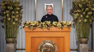 In Oslo, the head of the Norwegian Nobel Committee, Berit Reiss-Andersen, will give a webcast statement, after which David Beasley, the U.N. agency boss, will give an acceptance speech from Rome, where it is based.(Associated Press) In Oslo, the head of the Norwegian Nobel Committee, Berit Reiss-Andersen, will give a webcast statement, after which David Beasley, the U.N. agency boss, will give an acceptance speech from Rome, where it is based.(Associated Press)