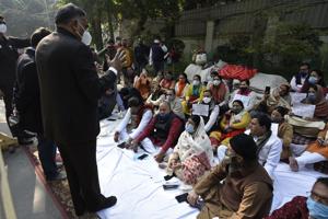 Ramvir Singh Bidhuri addresses BJP activists and MCD mayors sitting in protest regarding the release of municipal funds, outside Chief Minister Arvind Kejriwal’s residence in New Delhi.(Biplov Bhuyan/HT PHOTO) Ramvir Singh Bidhuri addresses BJP activists and MCD mayors sitting in protest regarding the release of municipal funds, outside Chief Minister Arvind Kejriwal’s residence in New Delhi.(Biplov Bhuyan/HT PHOTO)