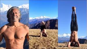 Milind ’s bare-torso headstand in Kanchenjunga’s backdrop makes fans swoon(Instagram/milindrunning) Milind ’s bare-torso headstand in Kanchenjunga’s backdrop makes fans swoon(Instagram/milindrunning)