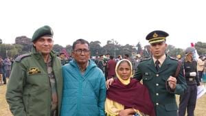 On Saturday, she had come with her husband Naik Shaukat Ali (retired) and elder son Major Javed Khan to see her younger son Lieutenant Jafar Khan, 22, getting commissioned as an army officer.(HT photo) On Saturday, she had come with her husband Naik Shaukat Ali (retired) and elder son Major Javed Khan to see her younger son Lieutenant Jafar Khan, 22, getting commissioned as an army officer.(HT photo)