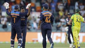 India's Thangarasu Natarajan, second left, is congratulated by teammate India's K.L. Rahul(AP) India's Thangarasu Natarajan, second left, is congratulated by teammate India's K.L. Rahul(AP)